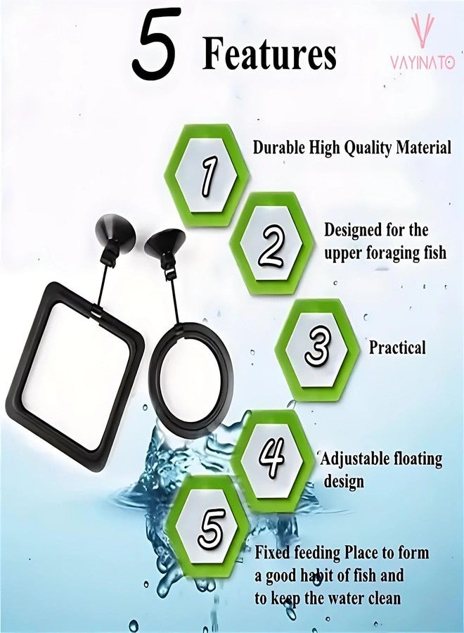 حلقات تغذية الأسماك VAYINATO® قطعتان (دائرية، مربعة) - مغذي طعام أسود مع كوب شفط قوي، يقلل من الهدر ويحافظ على جودة المياه | بلاستيك مناسب لأسماك الجوبي، والبيتا، والسمك الذهبي - Image 5